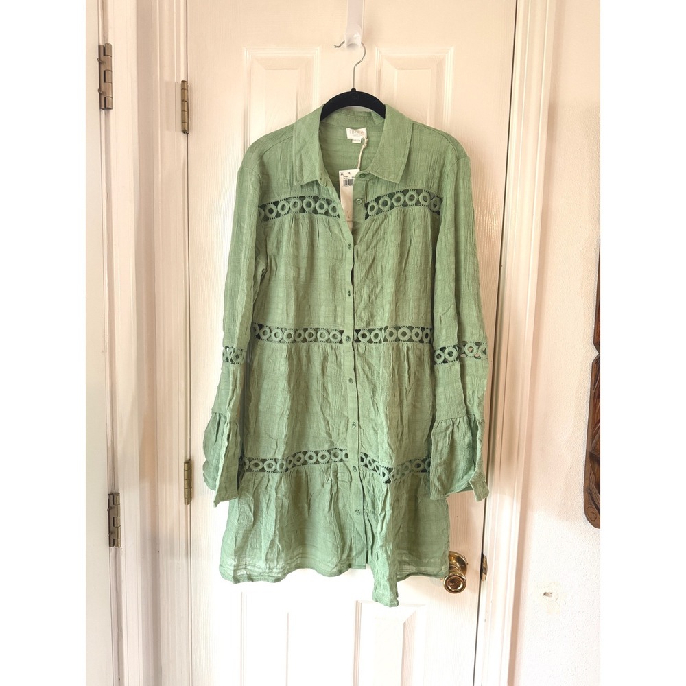 IBIZA ANNE COLE Green Eyelet Trim Button Front‎ Shirt Dress Size Small
